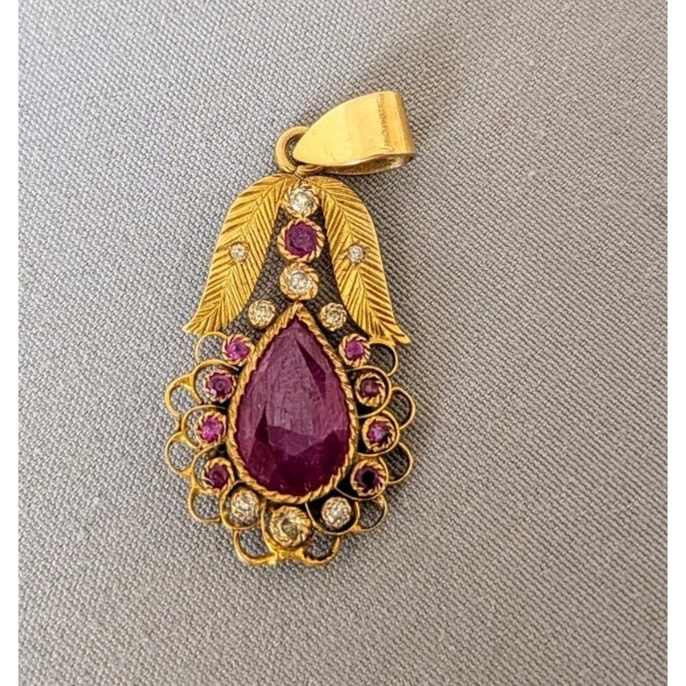 Yellow Gold Ruby & Diamond Pear Pendant Handmade Indian Filigree Vintage Style